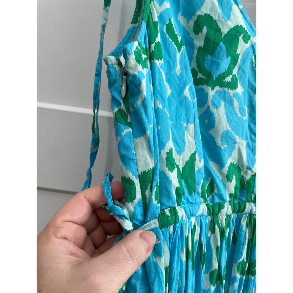 Talbots Petite Blue Green Ikat Cotton Tiered Midi Dress 12P Sleeveless V-Neck - Picture 10 of 10